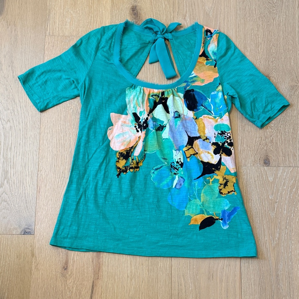 Anthropologie Green Floral Scoop-Neck Tie-Back Women's Short Sleeve Top size S